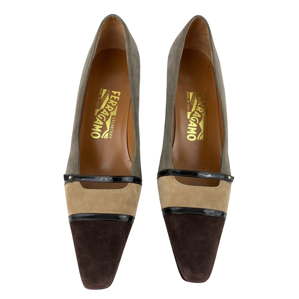 Vintage Salvatore Ferragamo Tri-Color Suede Pumps Size 7.5B Block Heel Old Money - Picture 3 of 11